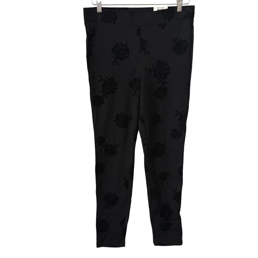 Style & Co Women Sz Md Black Floral Flocked Ponte Mid Rise Comfort Waist Pants